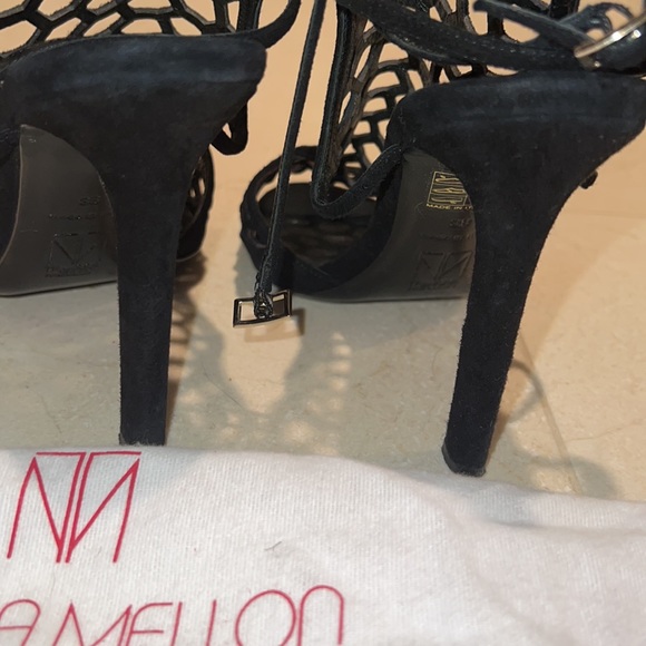 Tamara Mellon black suede laser cut mesh heeled sandals size 38 - Picture 9 of 11